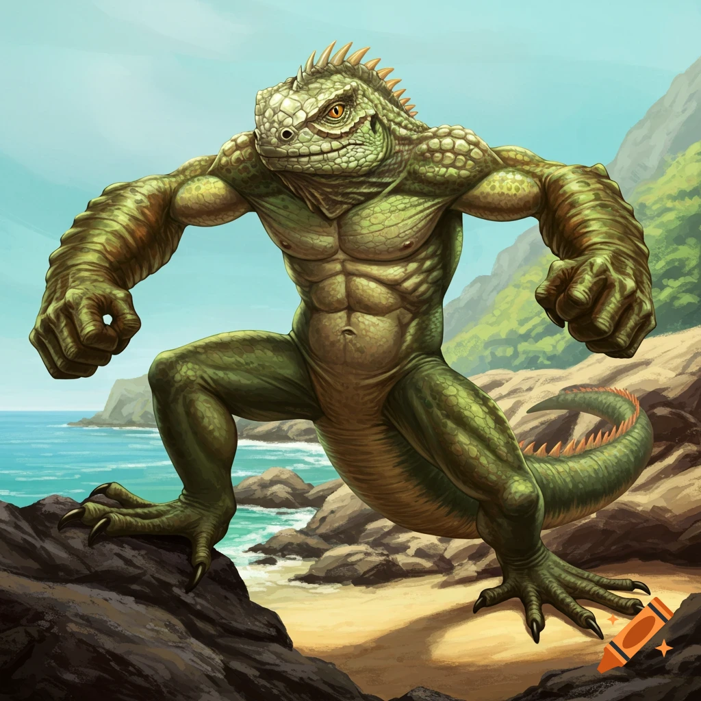 A muscular, humanoid green iguana creature with sharp claws stands on rocks at a beach, ocean in background, detailed illustration.