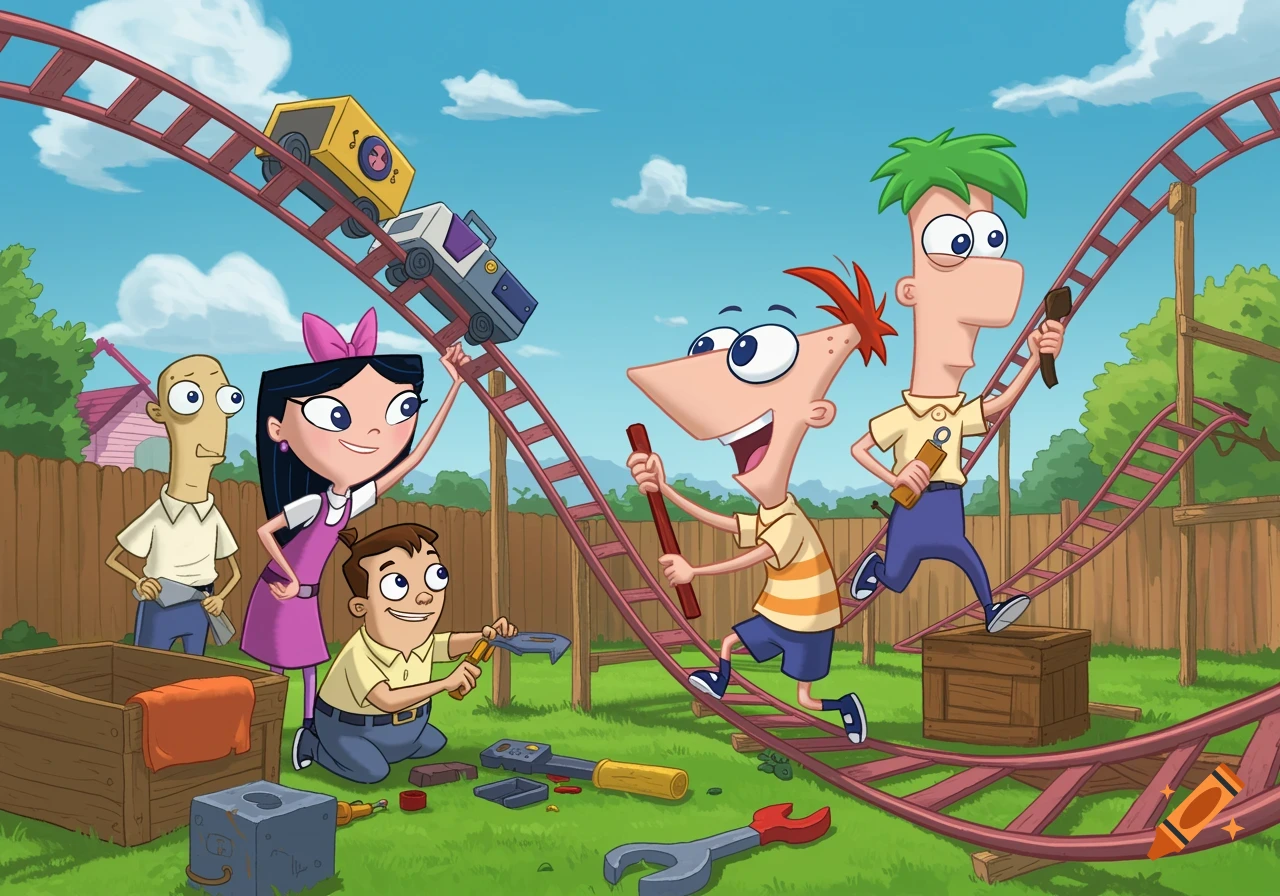 Phineas, Ferb, Isabella, Buford, and Baljeet building a large wooden roller coaster in a sunny backyard, cartoon style.