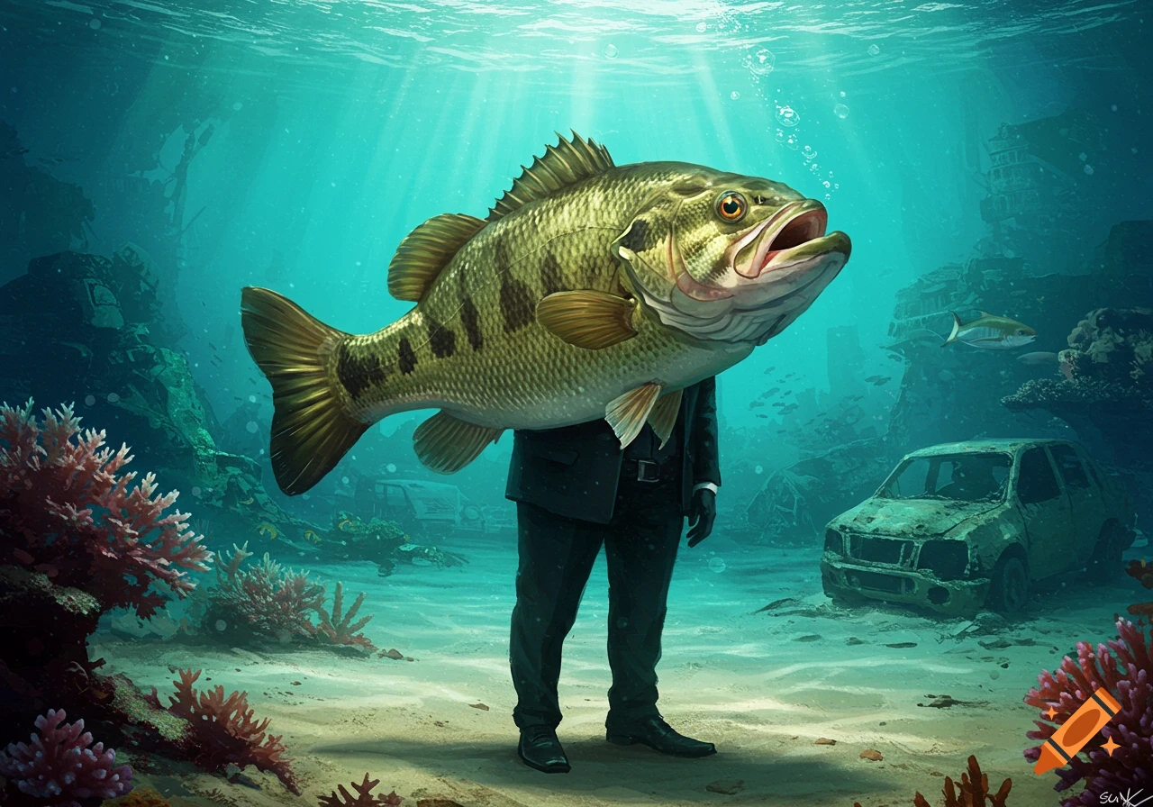 A large bass fish with human legs in a suit stands on a sandy ocean floor with coral and a rusted car wreck.