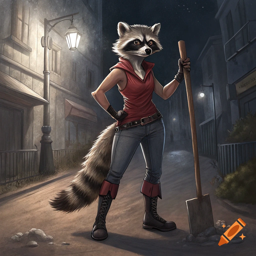 Anthropomorphic raccoon in a red top, jeans, and boots, holding a shovel, standing on a dark street under a lamppost.