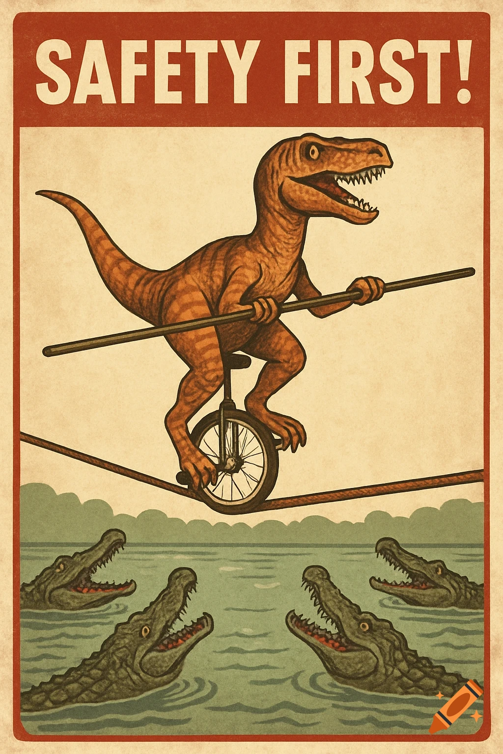 A retro safety poster depicting a velociraptor on a unicycle on a tightrope above a lake with alligators, with 'SAFETY FIRST!' text.