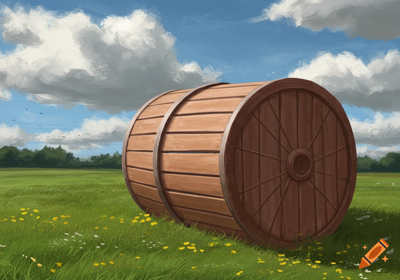 A large wooden barrel or cable spool lies in a vibrant green field with yellow and white wildflowers under a partly cloudy blue sky. The image is a digital illustration.