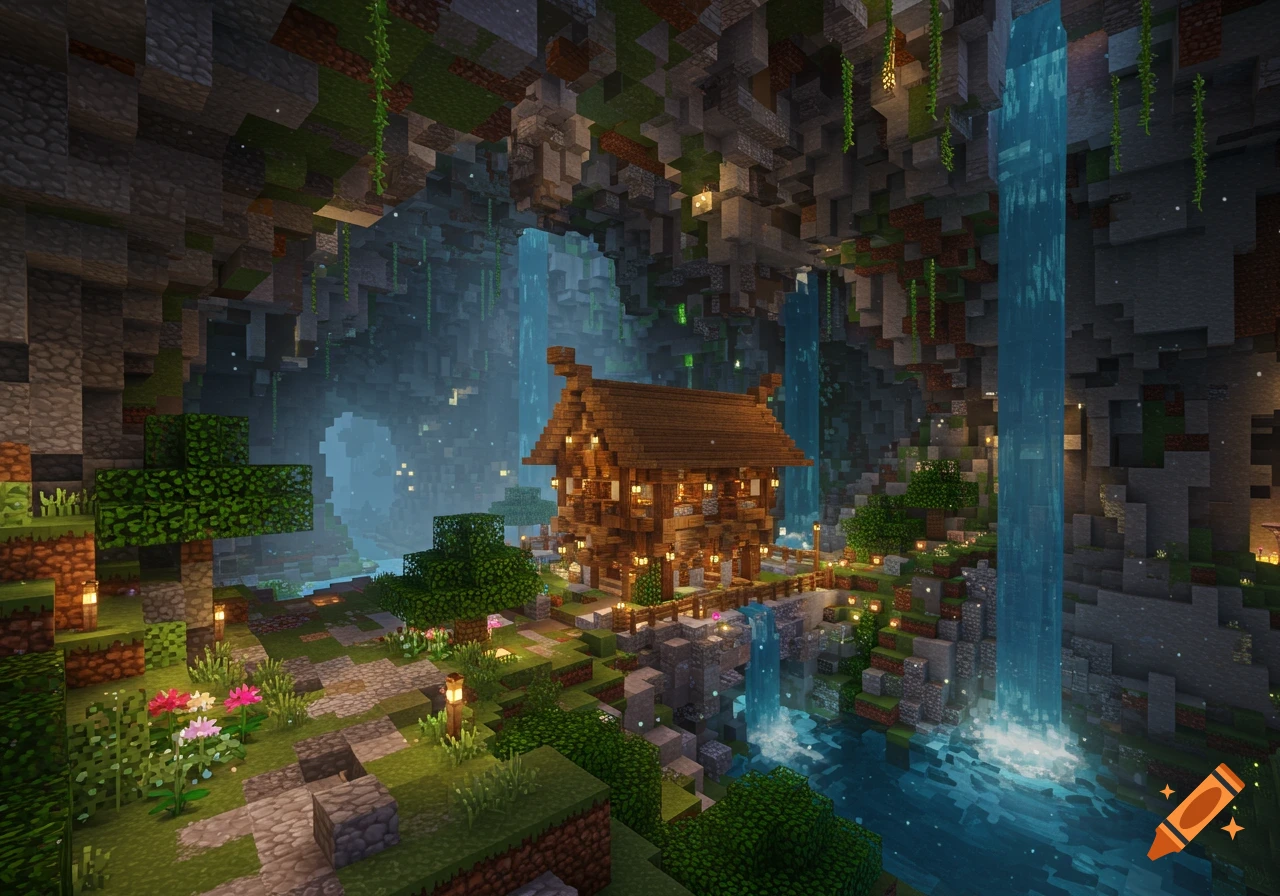 A blocky Minecraft-style wooden house inside a lush cave with multiple waterfalls, glowing lanterns, and green foliage.
