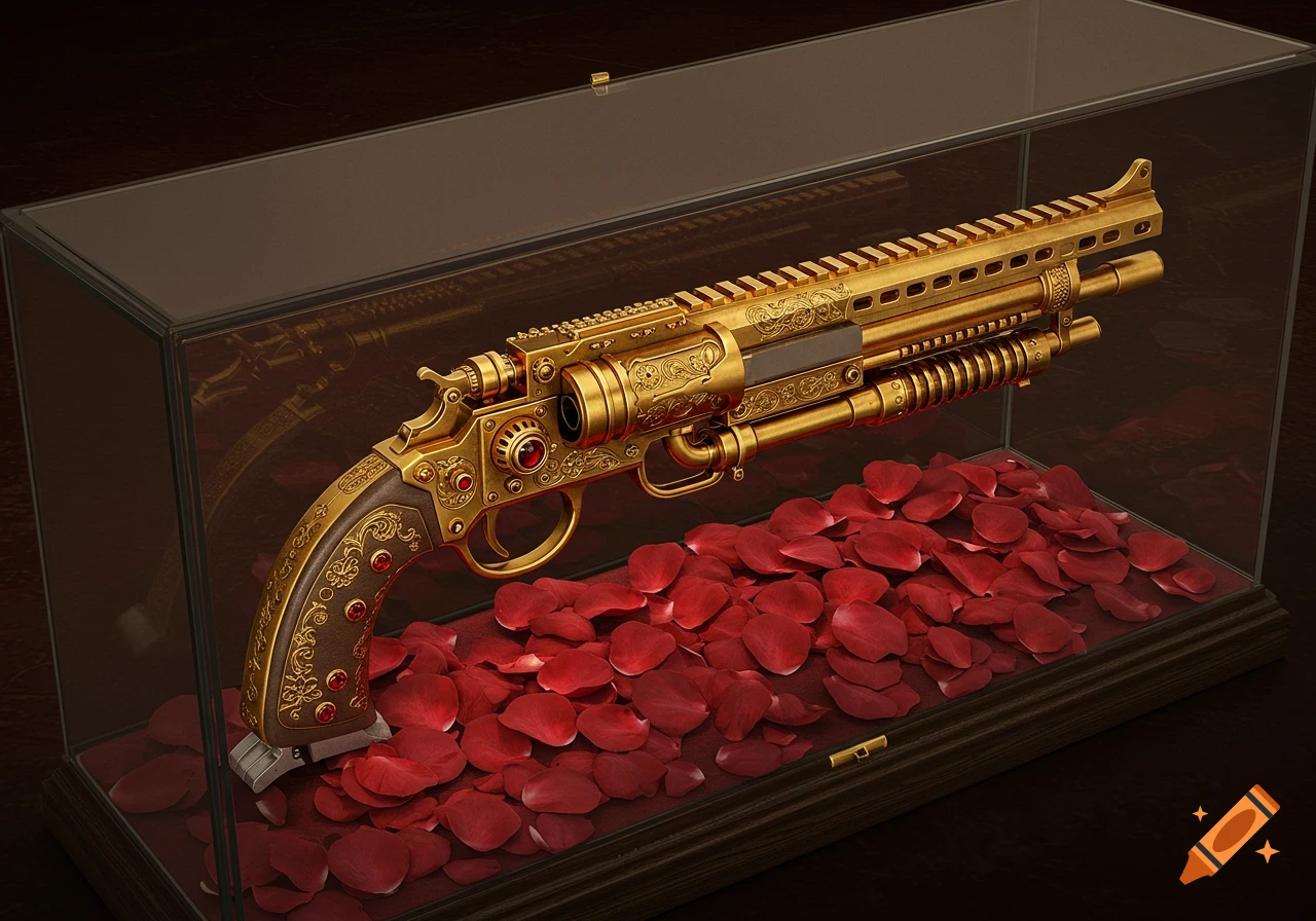 A gold and ruby steampunk revolver with intricate details lies on scarlet rose petals in a glass display case.