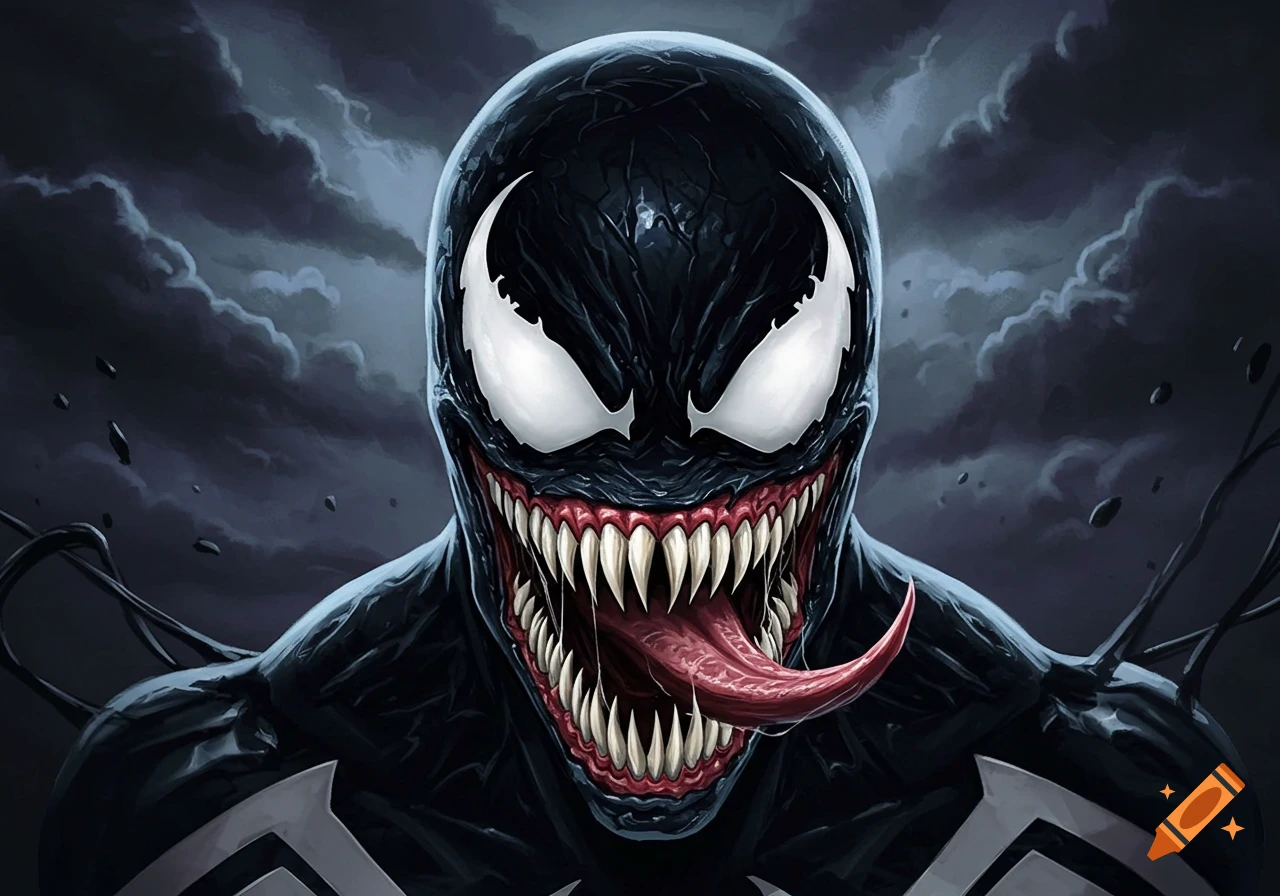 A close-up, highly detailed illustration of Venom (black alien symbiote with large white eyes, menacing sharp teeth, and a long red tongue) against a dark, cloudy sky.
