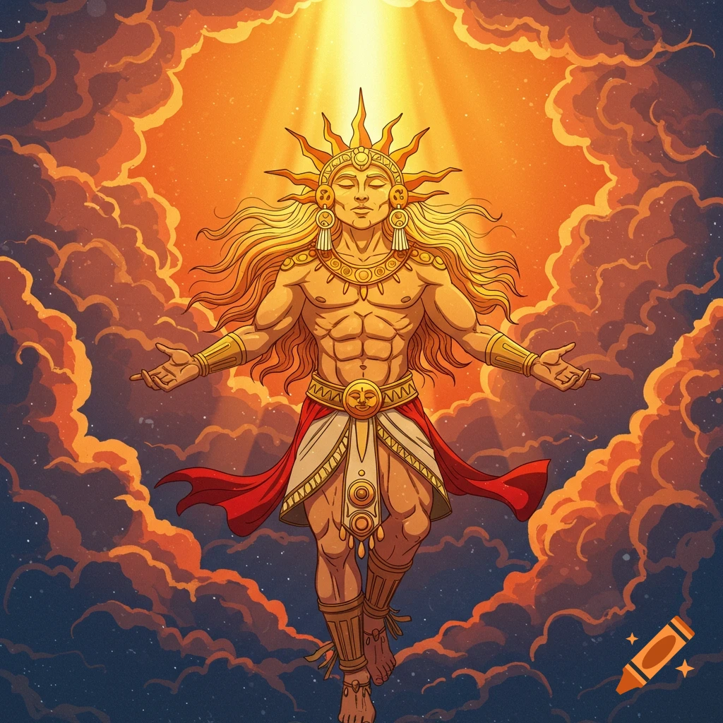 A stylized illustration of a sun god with long golden hair, a sun crown, and ornate clothing, radiating bright light amidst orange and blue clouds.