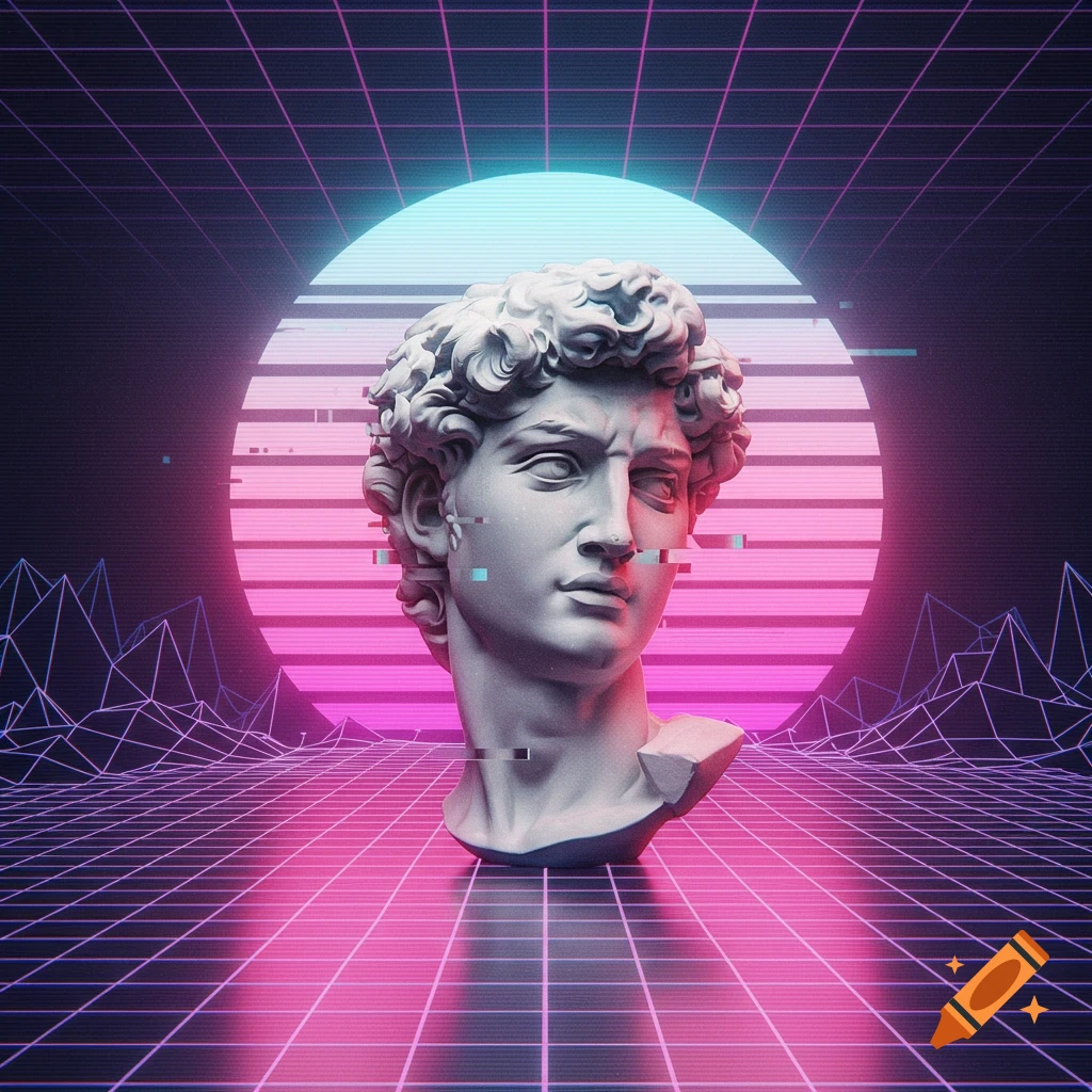 A white marble bust of David with glitch effects floats in a vaporwave grid background with a neon pink and blue sun.