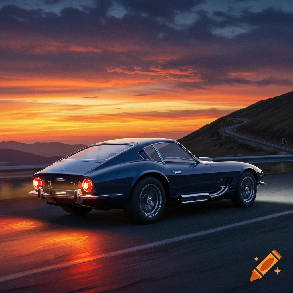A blue vintage sports car drives on a winding road during a vibrant sunset with orange and purple clouds.