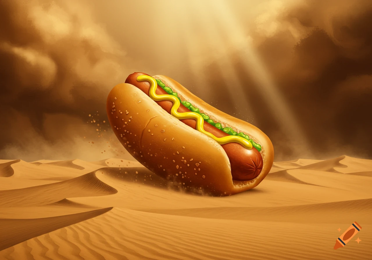 A gigantic hot dog with mustard and relish sits in a desert with sand dunes and a cloudy, sunlit sky.