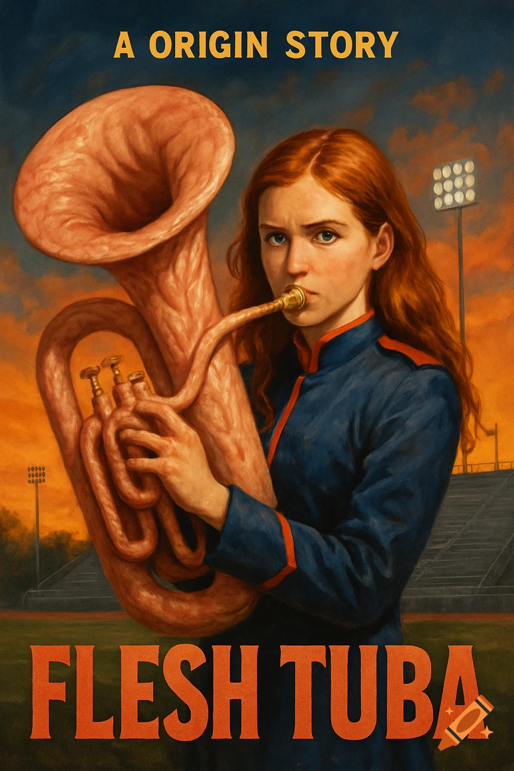A stylized movie poster depicting a red-headed girl in a band uniform playing a large, organic-looking, flesh-colored tuba on a football field at sunset.