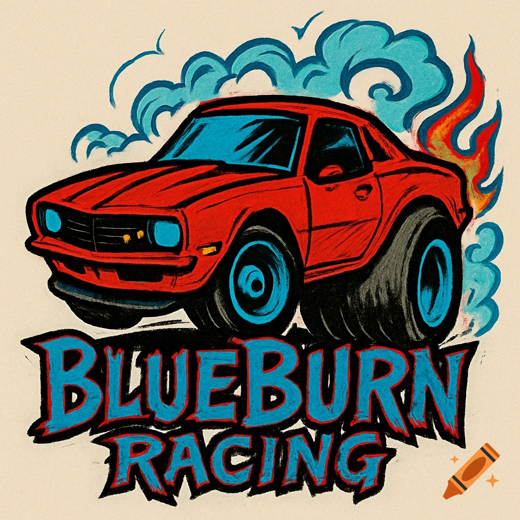 A red cartoon-style hot rod car with large rear wheels and blue accents, speeding with smoke and flames. Below it, "BLUEBURN RACING" in a jagged, aggressive font.