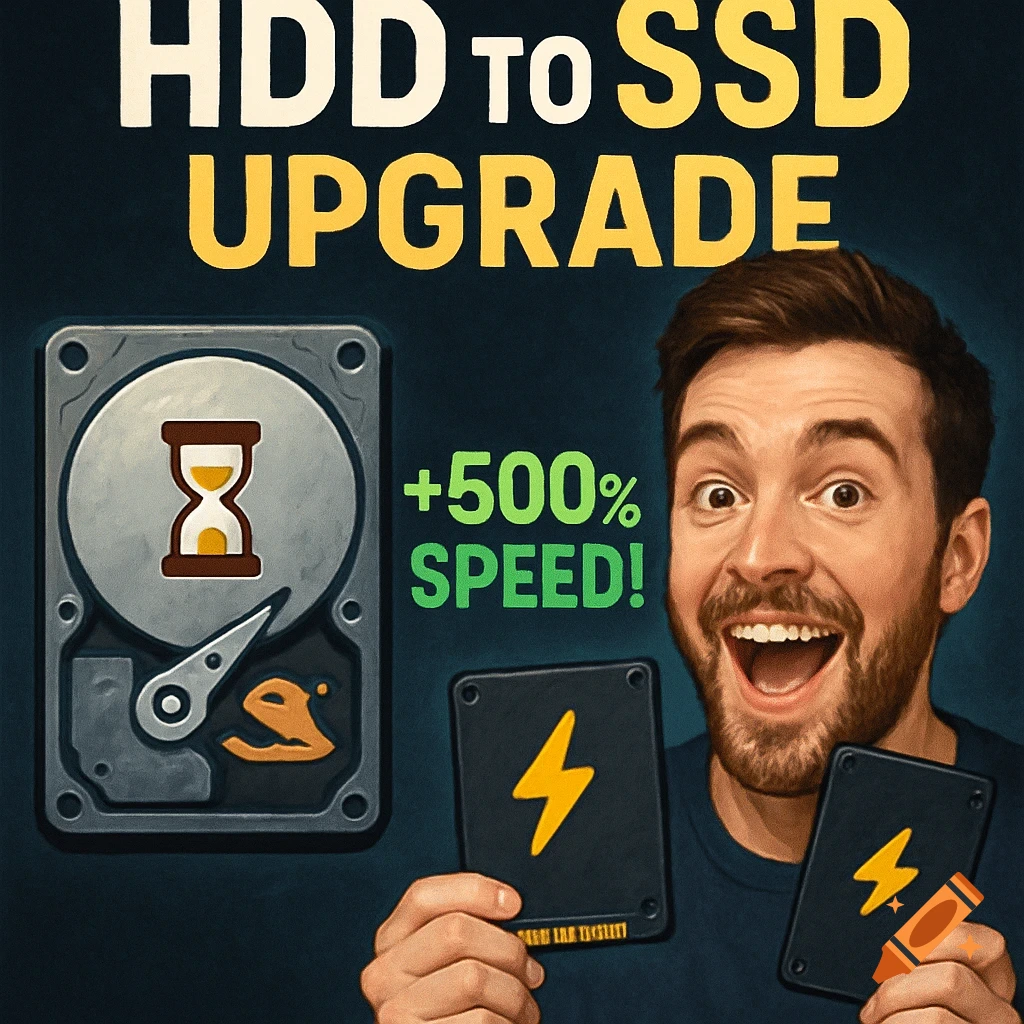 A man enthusiastically holds SSD cards, with text "HDD TO SSD UPGRADE" and "+500% SPEED!" beside a stylized HDD with an hourglass.