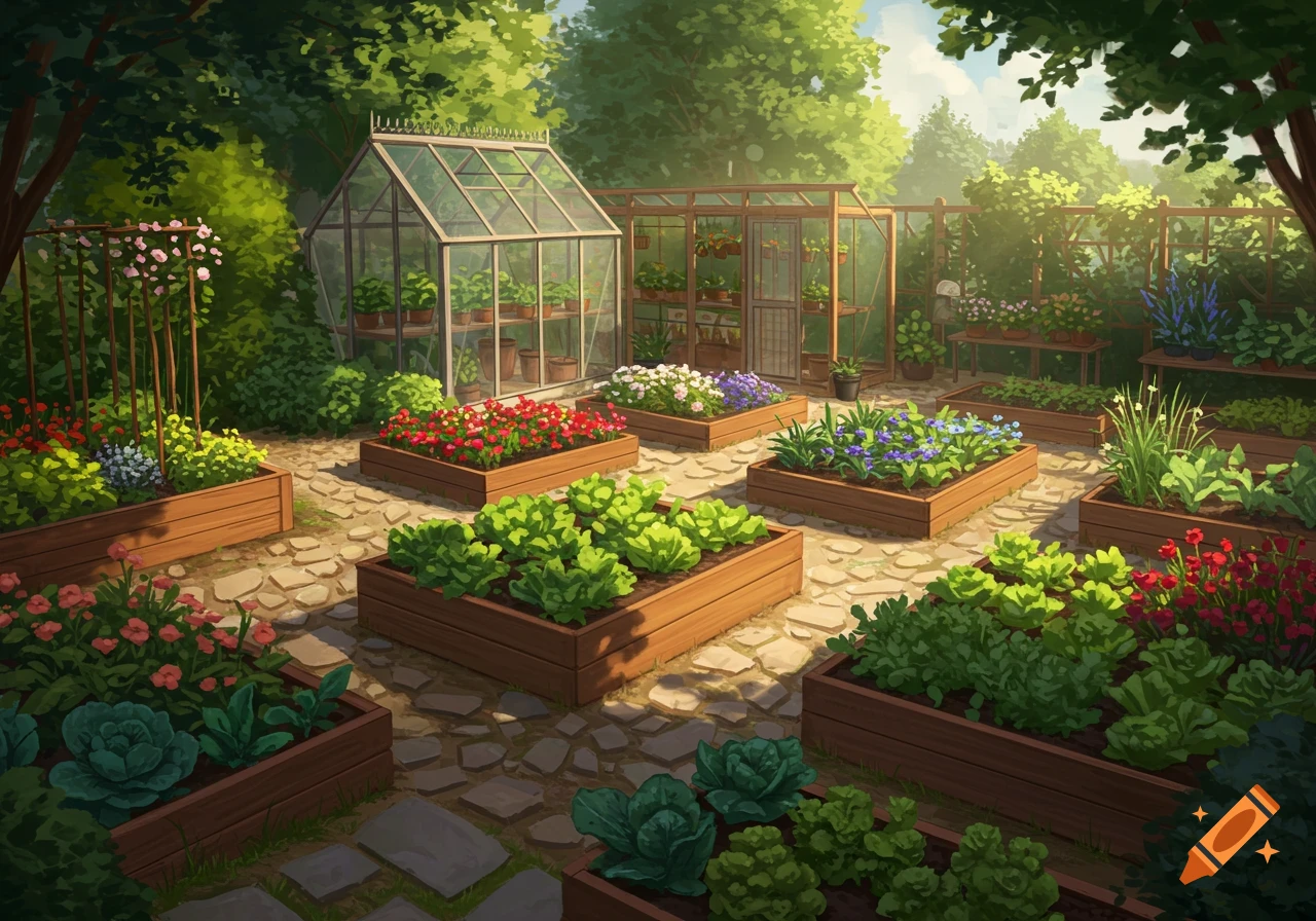 Vibrant garden illustration with raised beds of colorful flowers and vegetables, a stone path, and two glass greenhouses under sunlight.