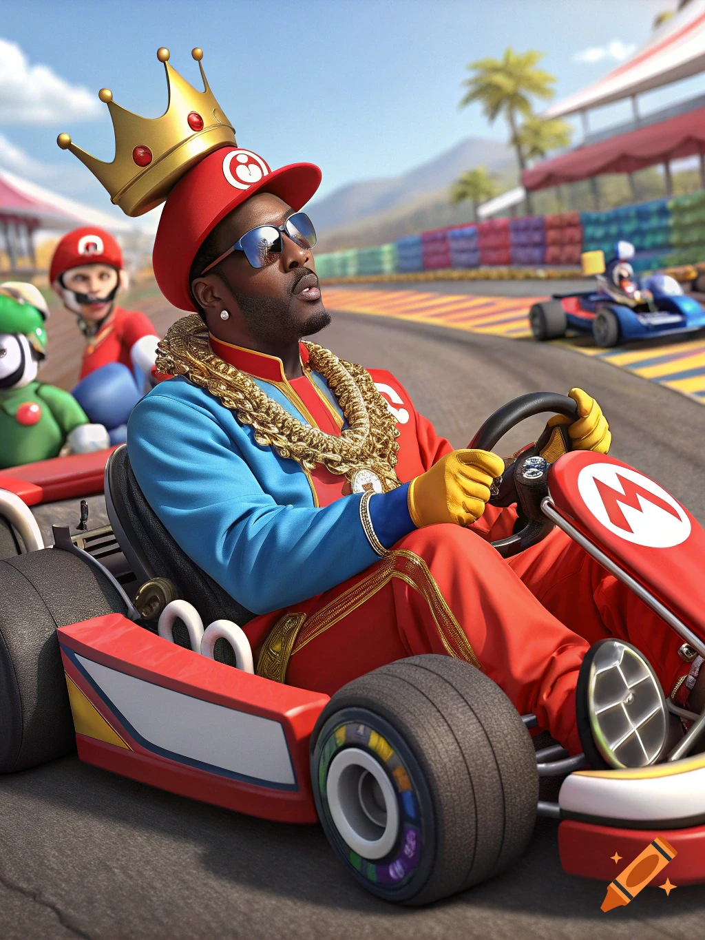 P Diddy as a Mario Kart character, wearing a crown and chains, driving a red go-kart on a race track with other characters in the background.
