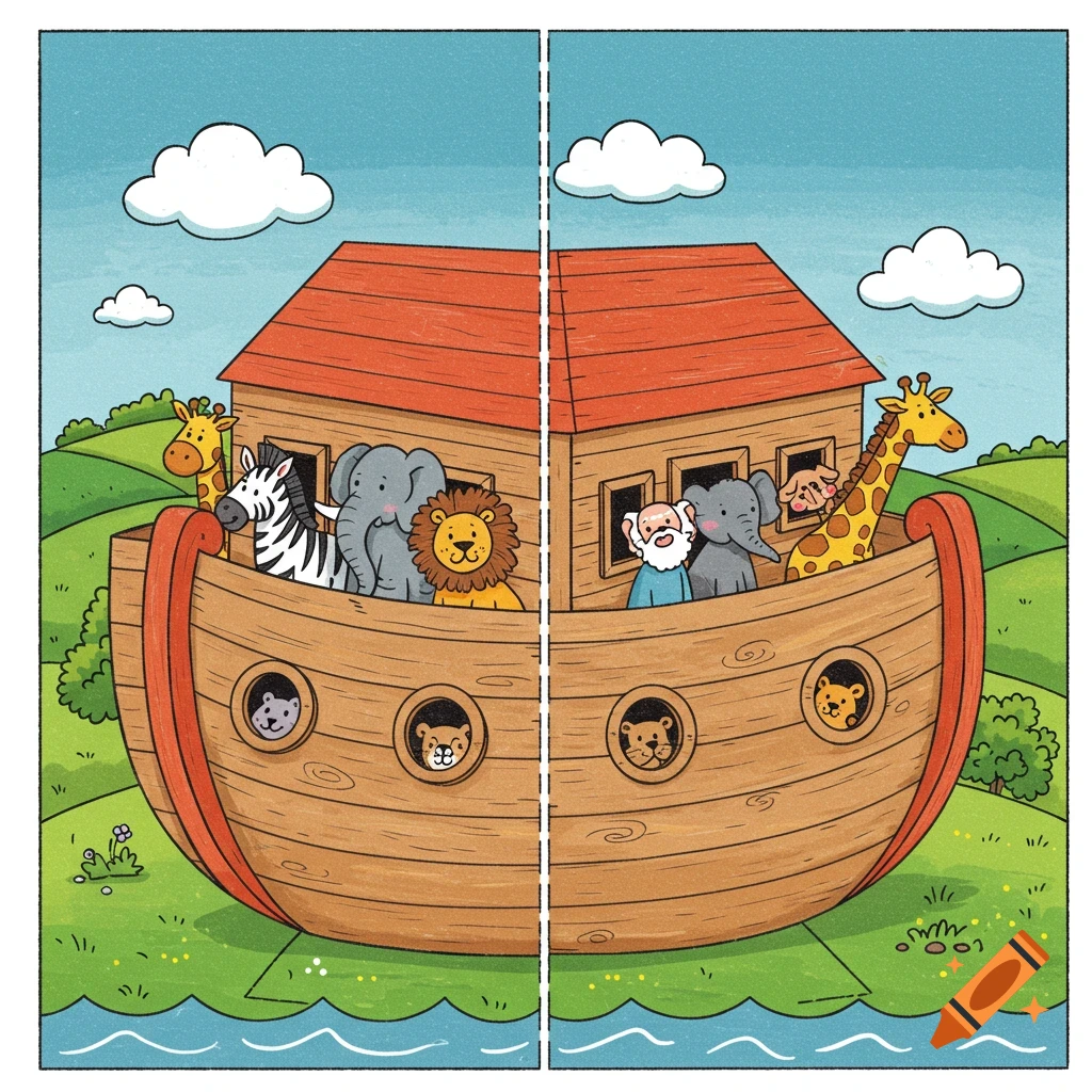 Cartoon illustration of Noah's Ark filled with animals and Noah on the water, with green hills and a blue sky.