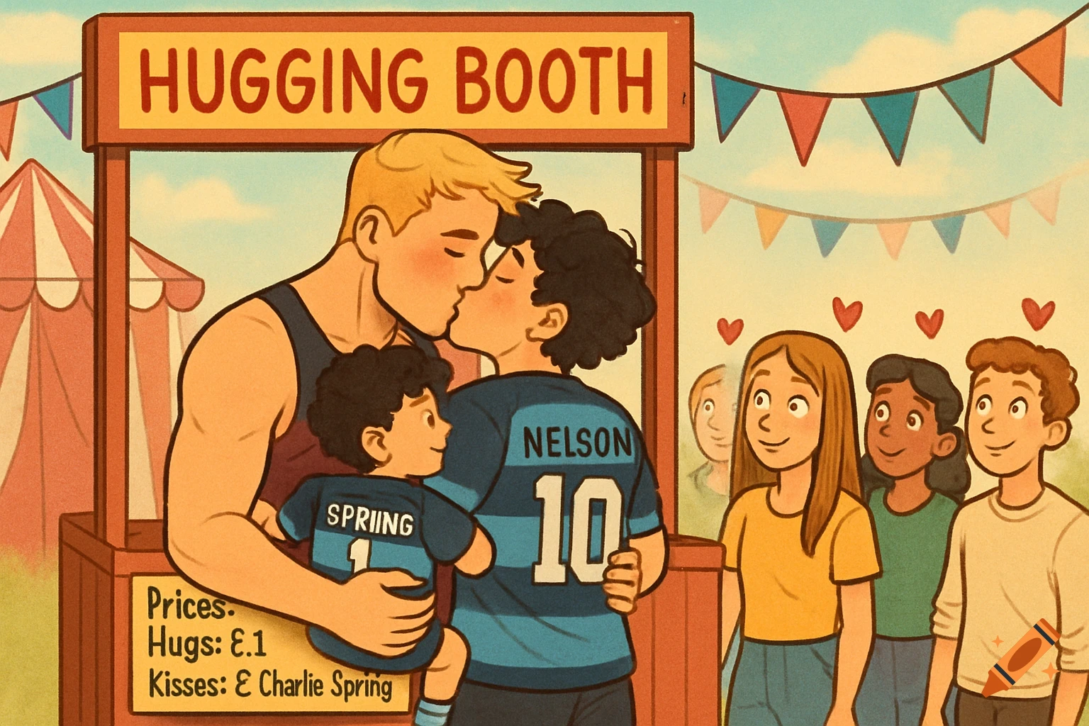 A cartoon of two men kissing at a 'Hugging Booth' with a child in one man's arm. A line of people watch with hearts.