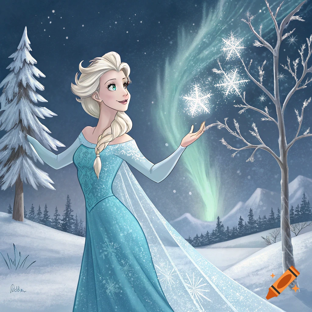 Elsa from Frozen in a snowy winter landscape at night, conjuring glowing snowflakes with the aurora borealis in the background.
