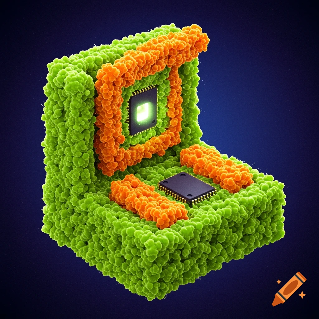 A bio-computer composed of lime green and orange cellular structures with glowing black microchips.