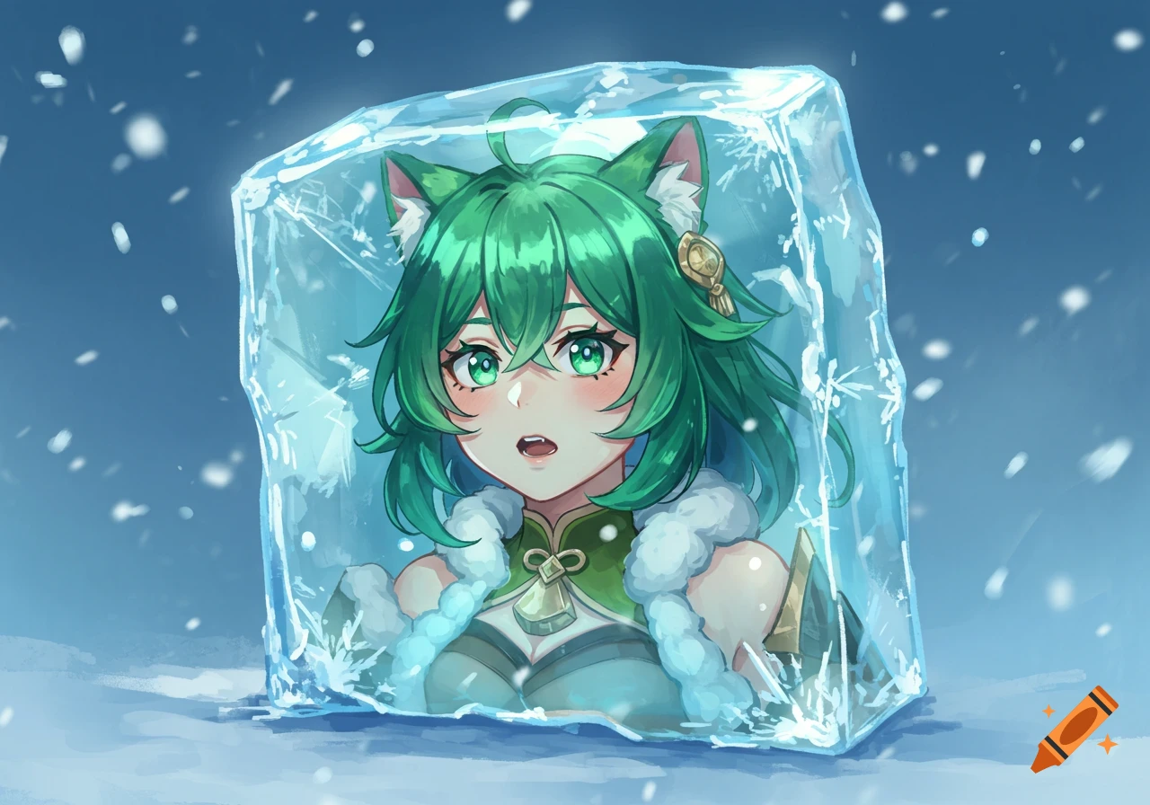 Anime character Kirara with green hair and cat ears frozen in a block of ice in a snowy landscape.