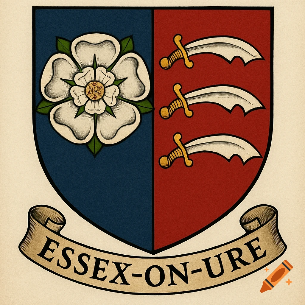 An old-style coat of arms with a white rose and three scimitars on a shield, with 'ESSEX-ON-URE' on a banner below.