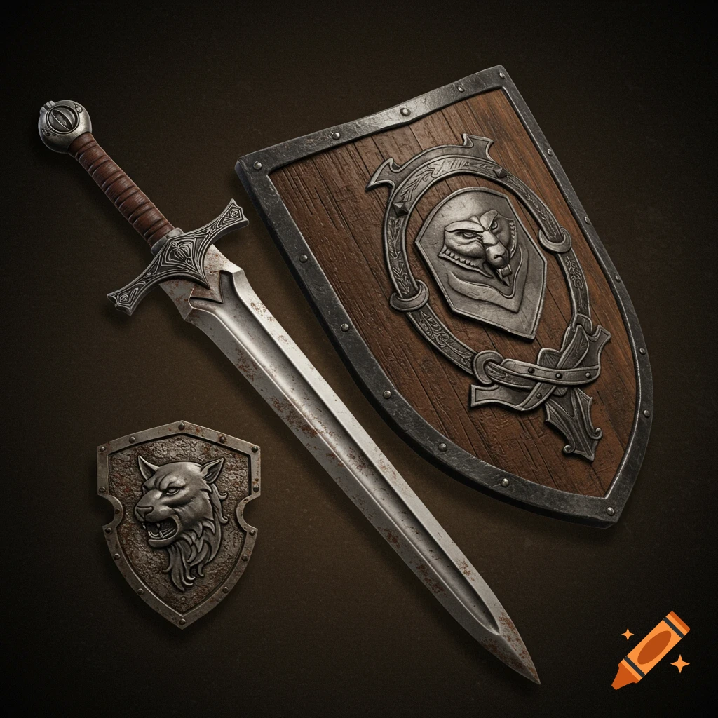 An ornate medieval sword next to a wooden shield with a lion emblem and a smaller shield with a wolf emblem, all with a weathered look.