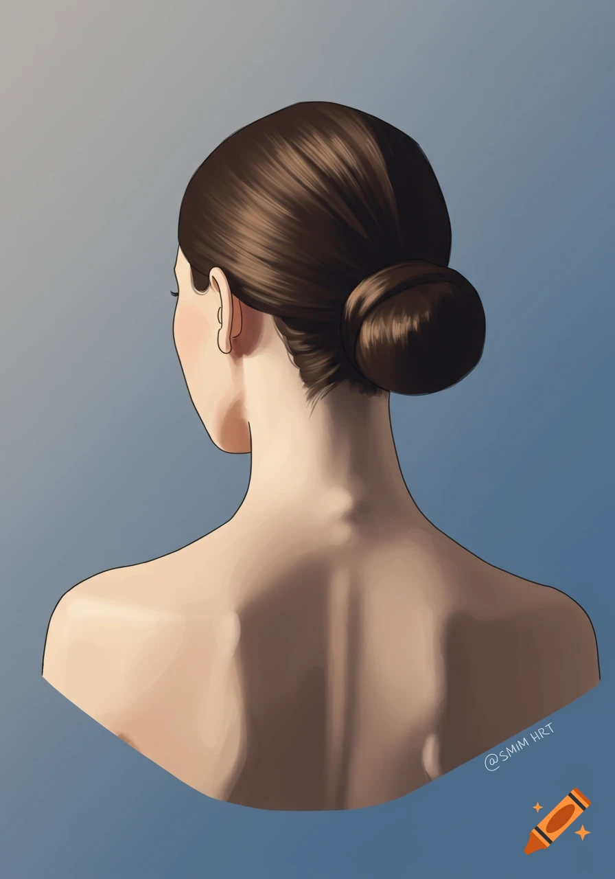 An illustration of a woman's upper back, neck, and head from behind, with her brown hair neatly styled in a bun.