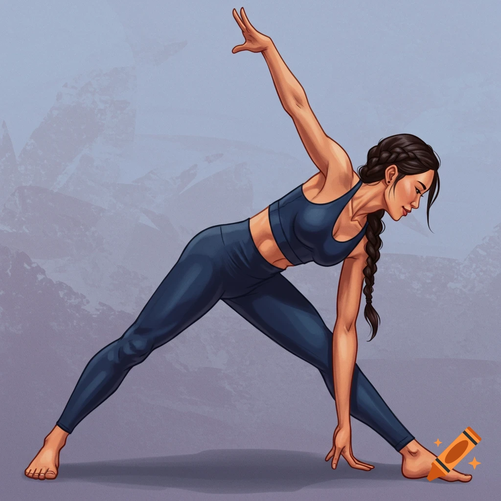 A woman with a long braid, wearing blue athletic wear, performs a triangle yoga pose on a grey background in an illustration style.