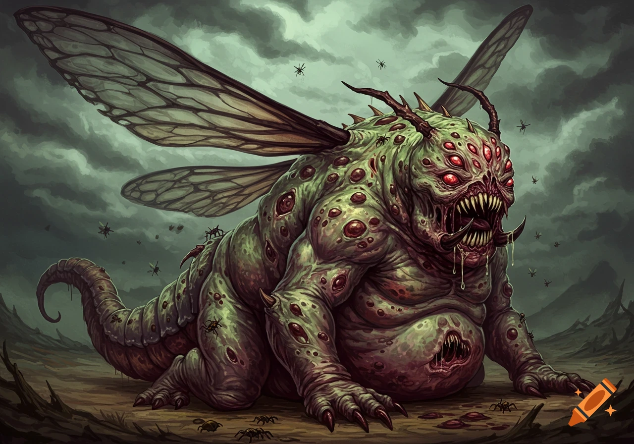 A monstrous, green, winged creature with multiple red eyes, sharp teeth, and boils, surrounded by insects on barren land under a stormy sky.