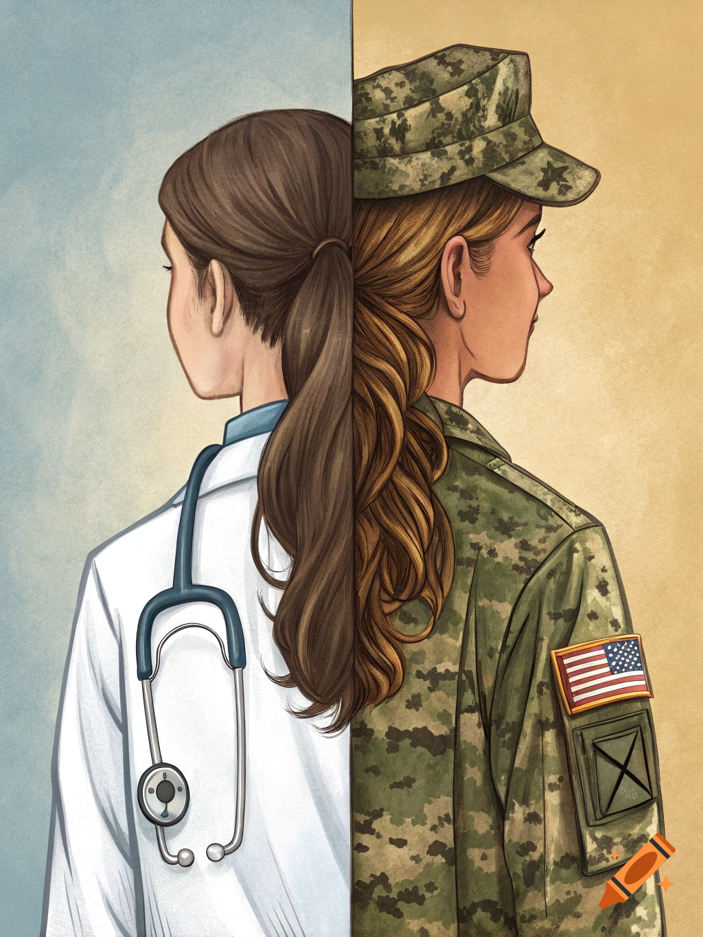 An illustration of a woman from the back, split vertically. The left side shows her as a doctor with a stethoscope, and the right side shows her in a military uniform with an American flag patch.