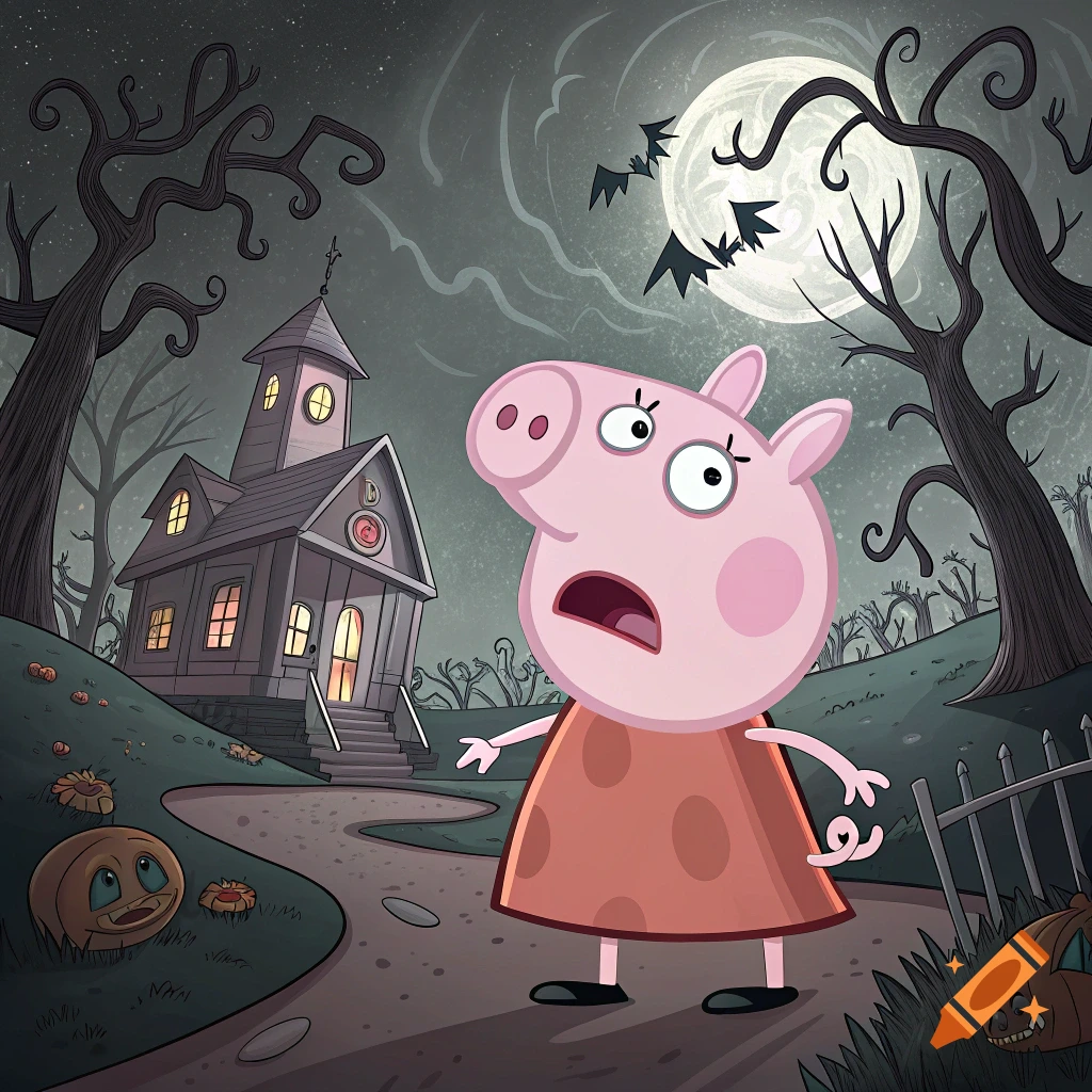 A scared Peppa Pig stands on a path in front of a spooky haunted house at night, with bare trees, bats flying by the full moon, and carved pumpkins.