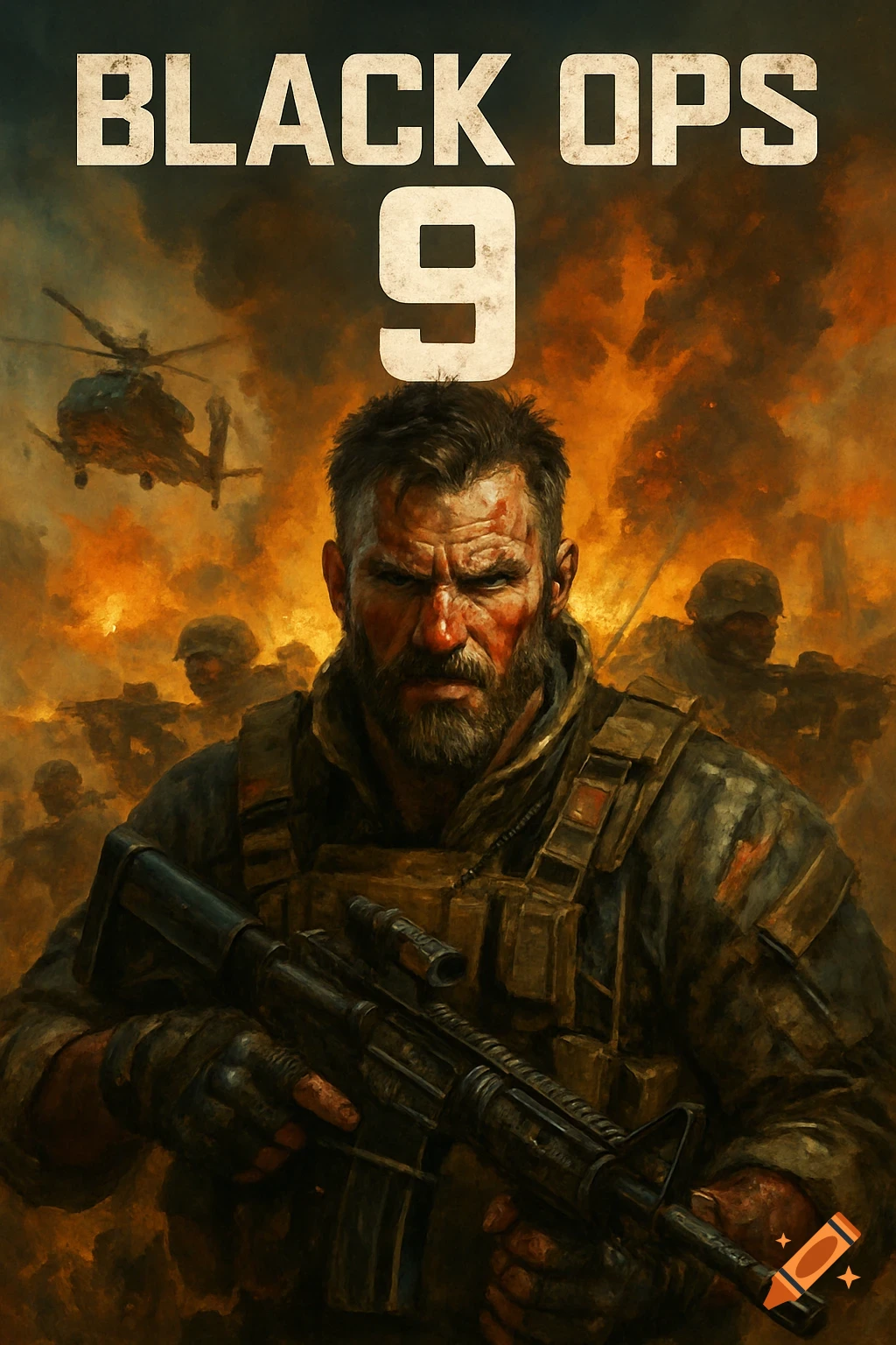 A grim-faced soldier with a beard holds a rifle, set against a backdrop of explosions, smoke, and a helicopter. Text reads "BLACK OPS 9".