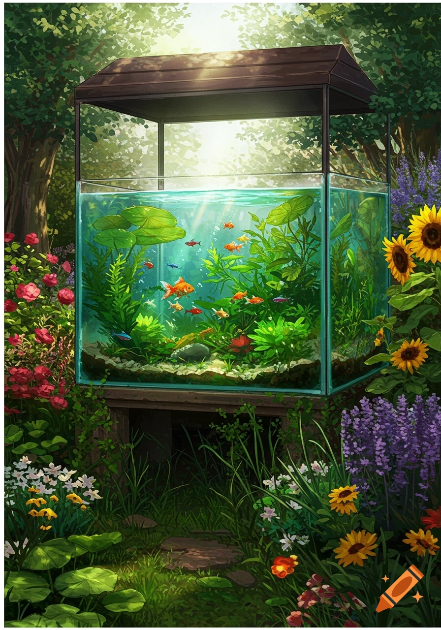 An outdoor fish tank filled with colorful fish and aquatic plants, nestled in a vibrant garden with flowers under sunlight.