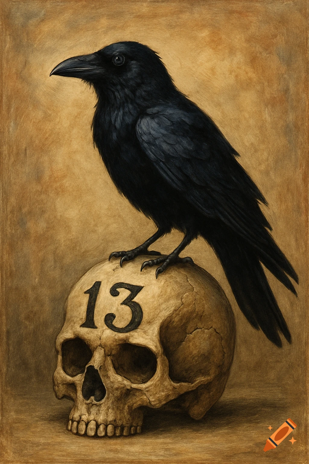 A black crow stands perched on a human skull with the number 13 on its forehead, rendered in a detailed, dark illustration style.