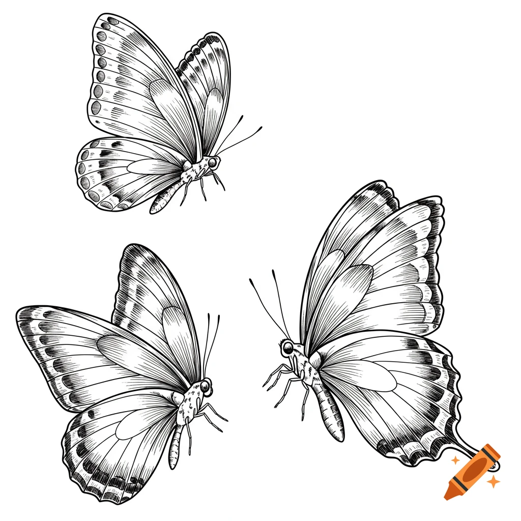 Black and white line drawing of three butterflies with detailed wings and antennae on a white background.