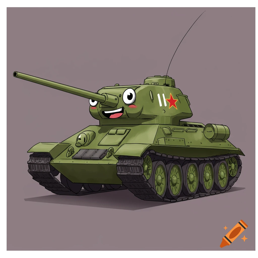 A green T-34-85 tank with a cartoon happy face, big eyes, and rosy cheeks on a plain background.