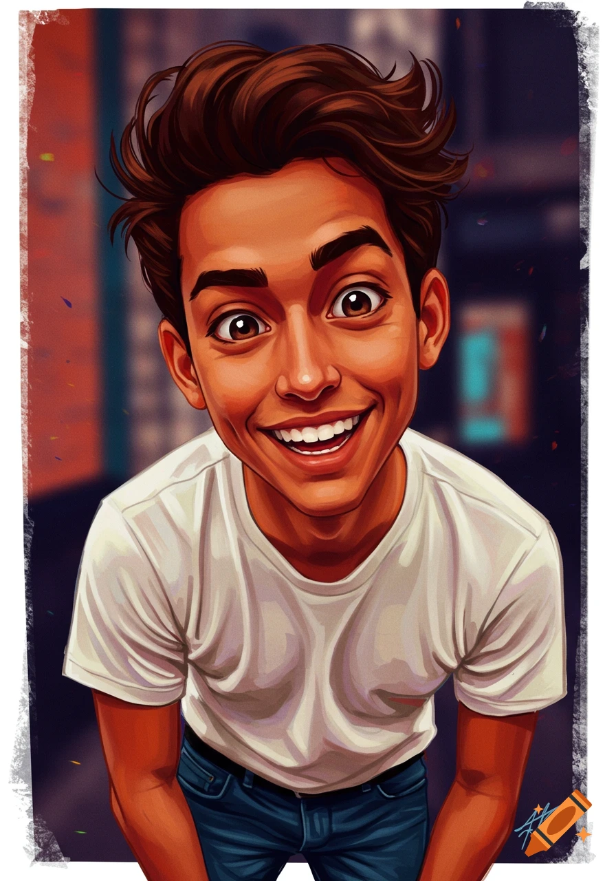 A vibrant caricature of a smiling young man looking upwards, with large eyes and brown hair.