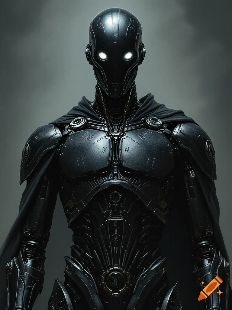 A dark, armored android with glowing white eyes and a black cape stands against a gray background, in a detailed, sci-fi painting style.
