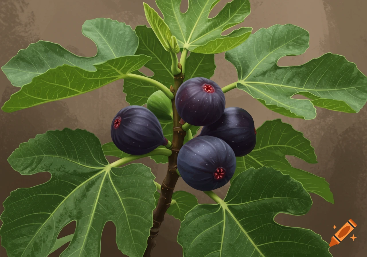 A digital illustration of a fig plant with dark purple figs and green leaves against a brown background.