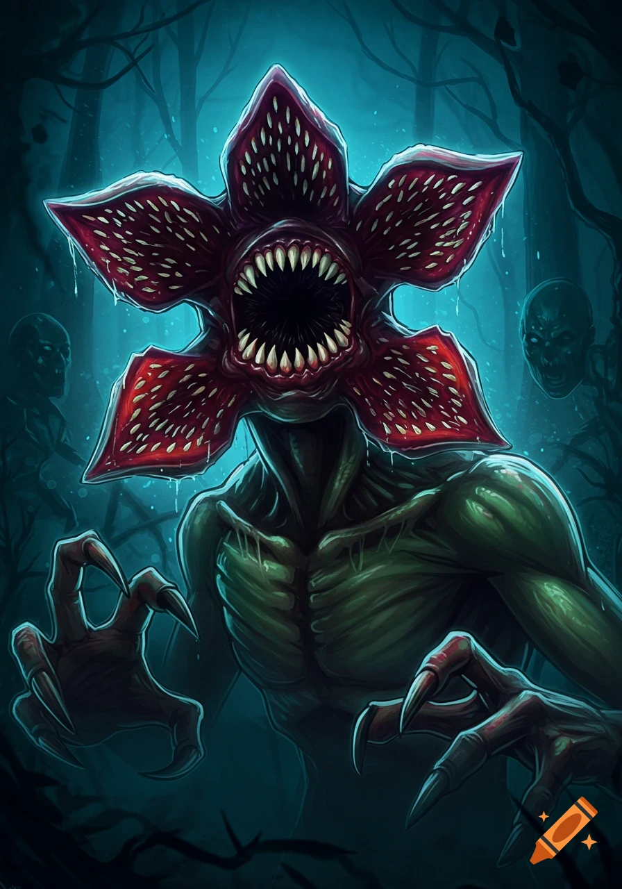 A detailed illustration of a menacing Demogorgon monster in a dark, misty forest.