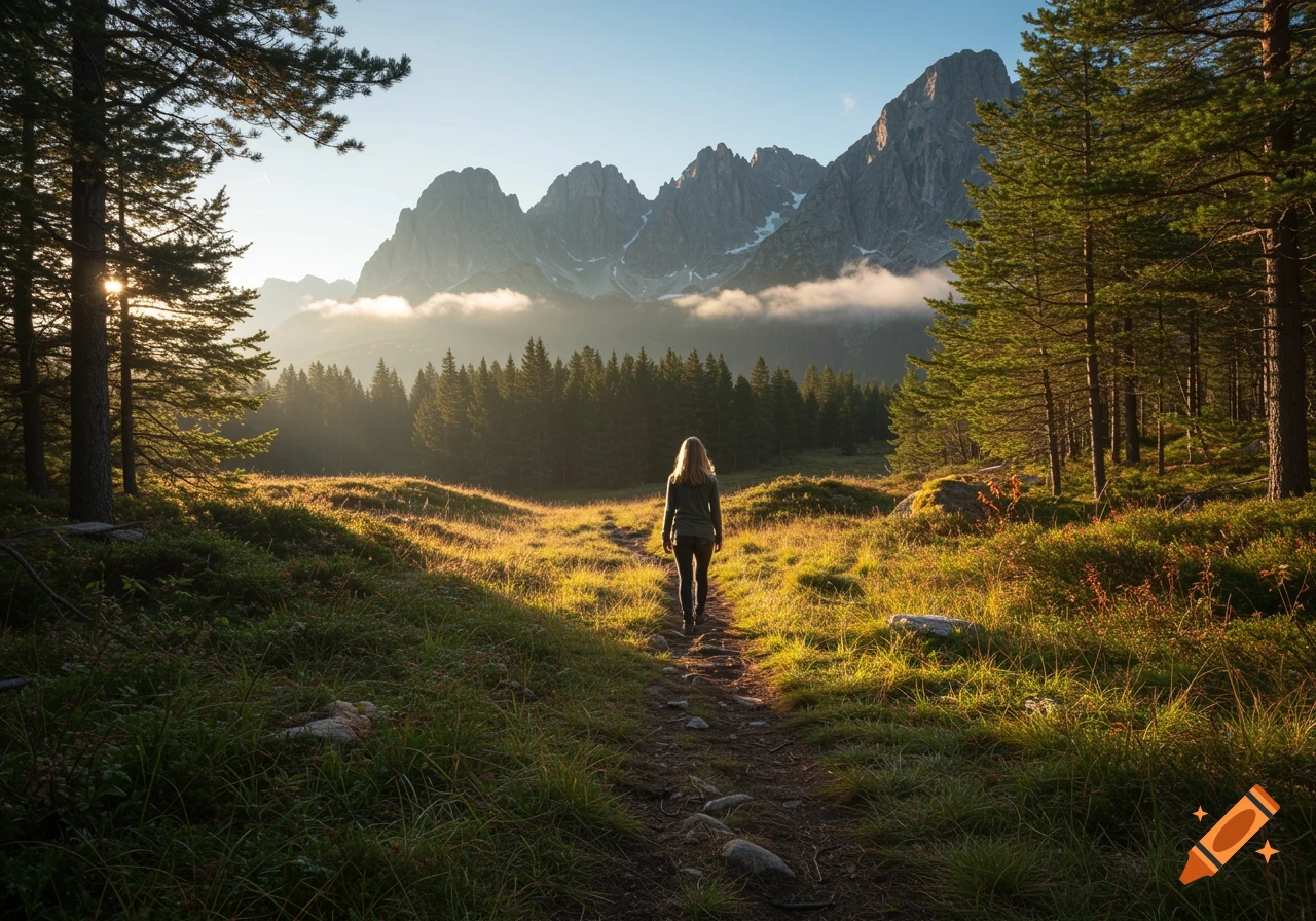 A woman walks on a sunlit path through a grassy field towards a dense forest and majestic mountains at sunrise.