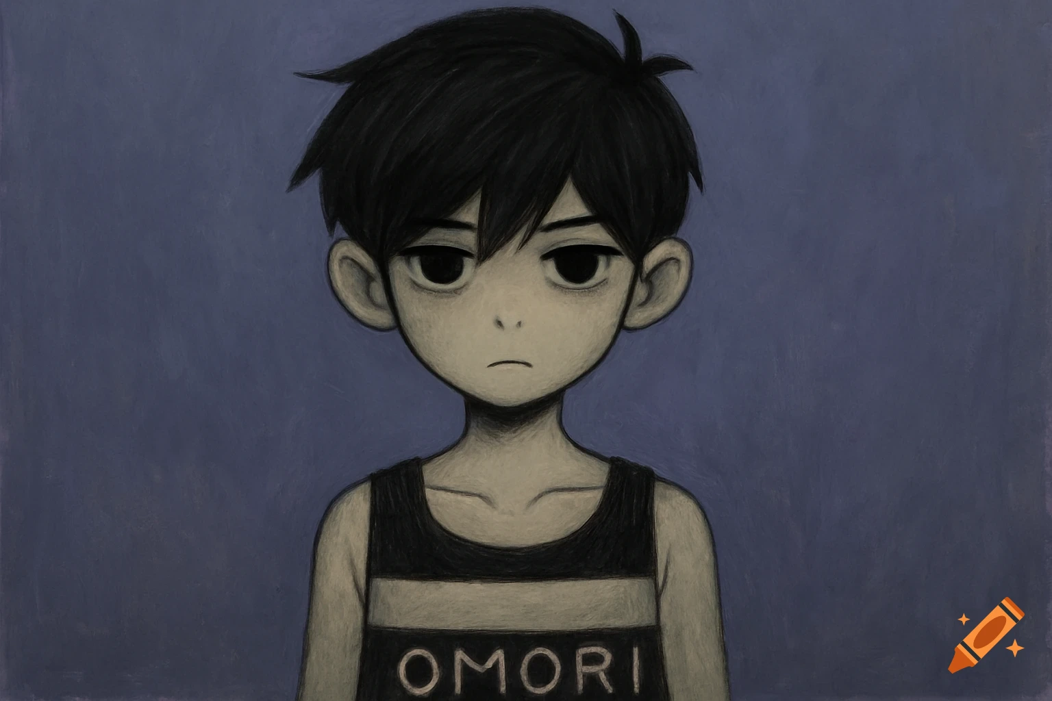 A stylized illustration of a solemn young boy with black hair and large dark eyes, wearing a black and white striped tank top with "OMORI" written on it, against a dark blue background.