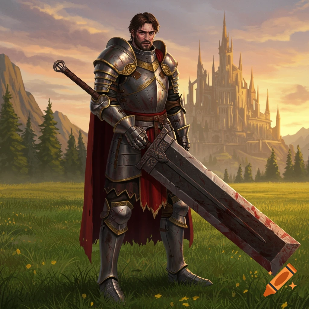 A knight in full armor holds a giant, bloody two-handed sword in a grassy field with a grand castle in the background at sunset.