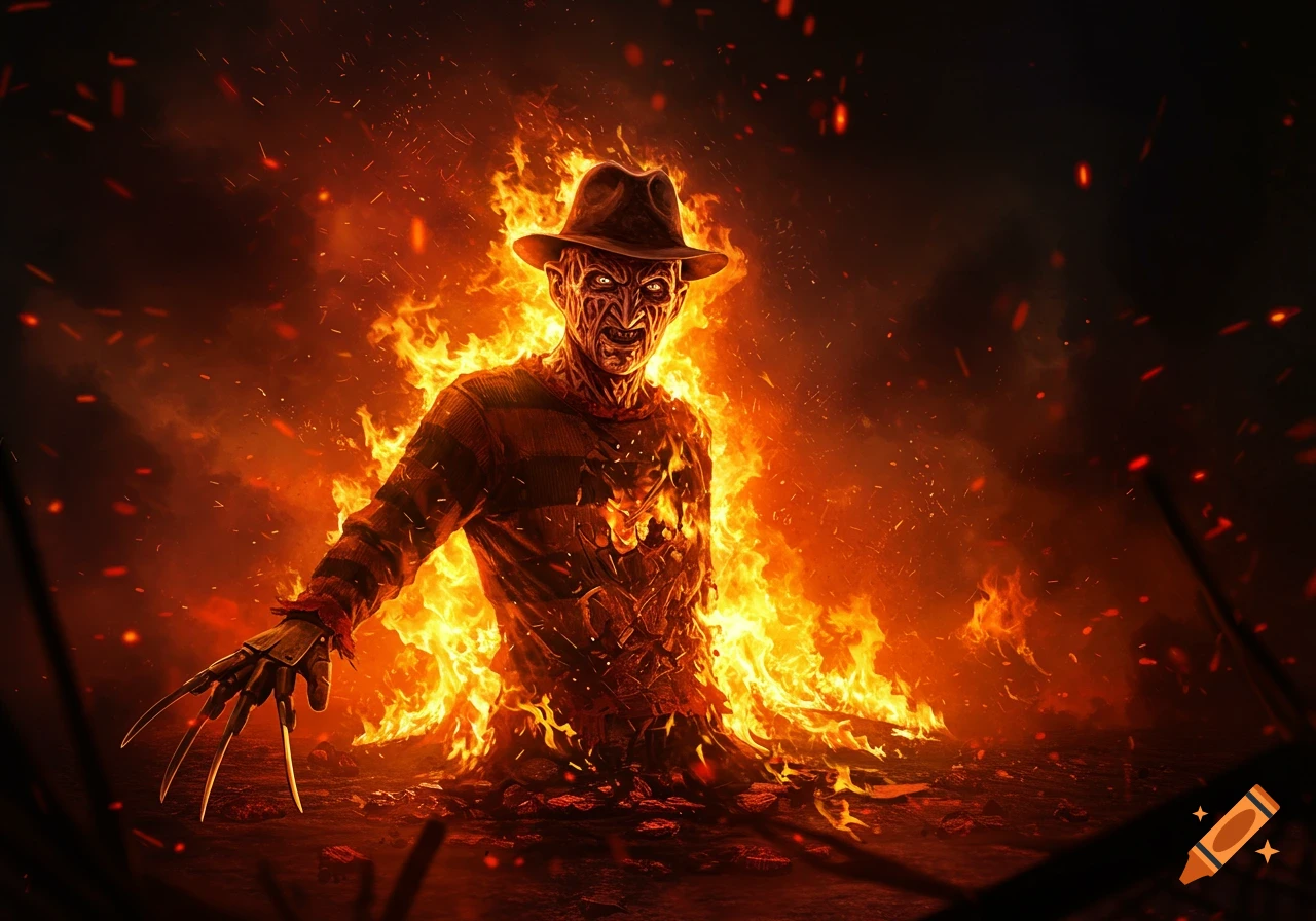 Freddy Krueger, a monstrous figure with a burned face and bladed glove, stands amidst roaring flames in a dark, stylized illustration.