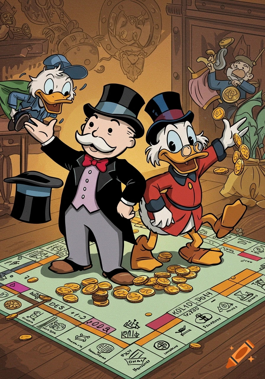 Monopoly Man and Scrooge McDuck on a Monopoly board, surrounded by gold coins, with Huey, Dewey, or Louie and another character in the background.