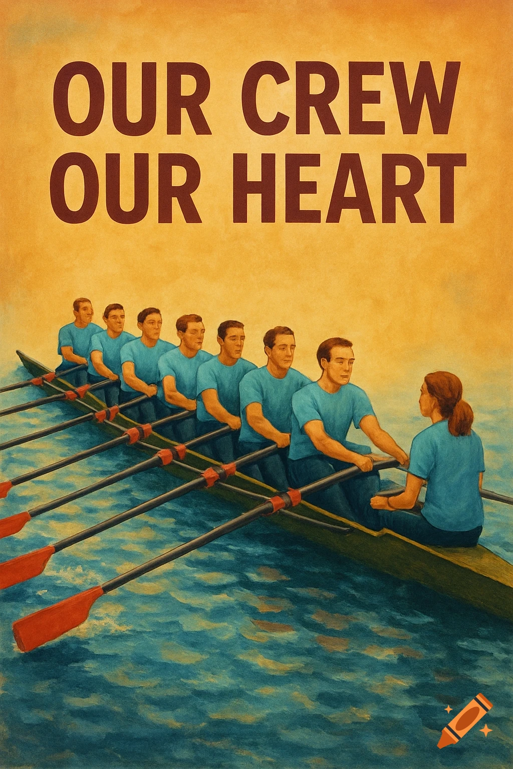 A poster-style illustration of a rowing team in a boat on water, with the slogan "OUR CREW OUR HEART" above.