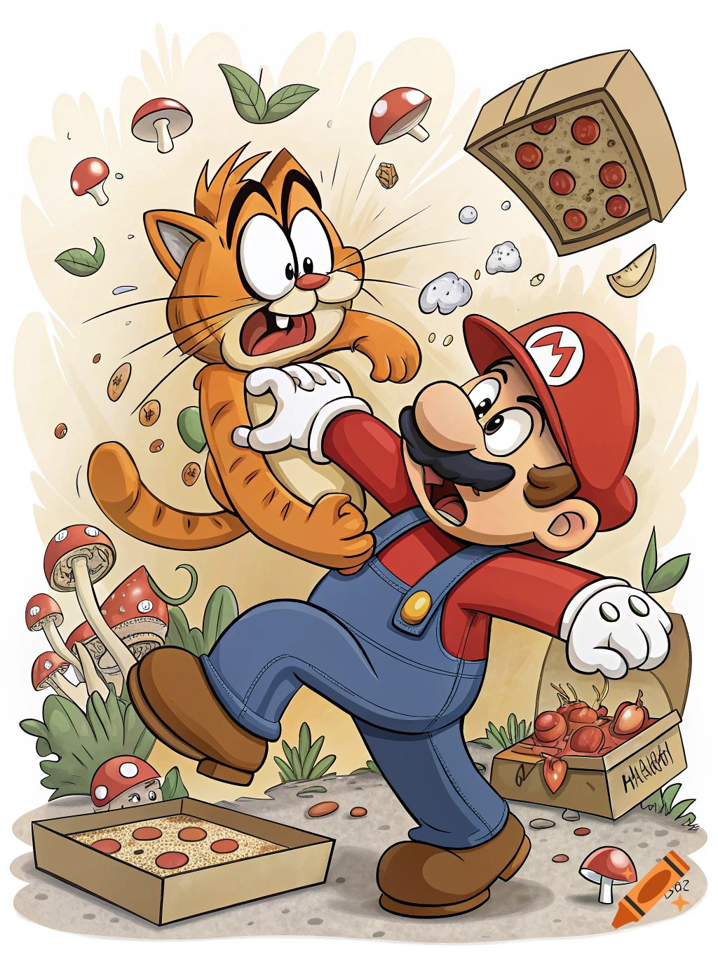 A cartoon illustration shows an orange cat resembling Garfield attacking Mario, causing mushrooms and pizza boxes to fly. The style is vibrant and comic-like.