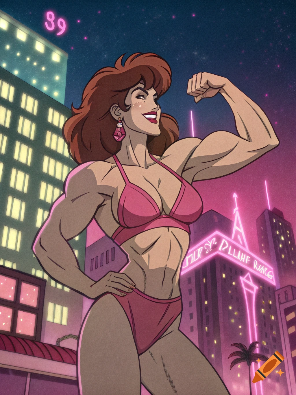 A muscular redhead woman in a pink bikini flexes her biceps in a neon-lit 80s city street, smiling flirtatiously.