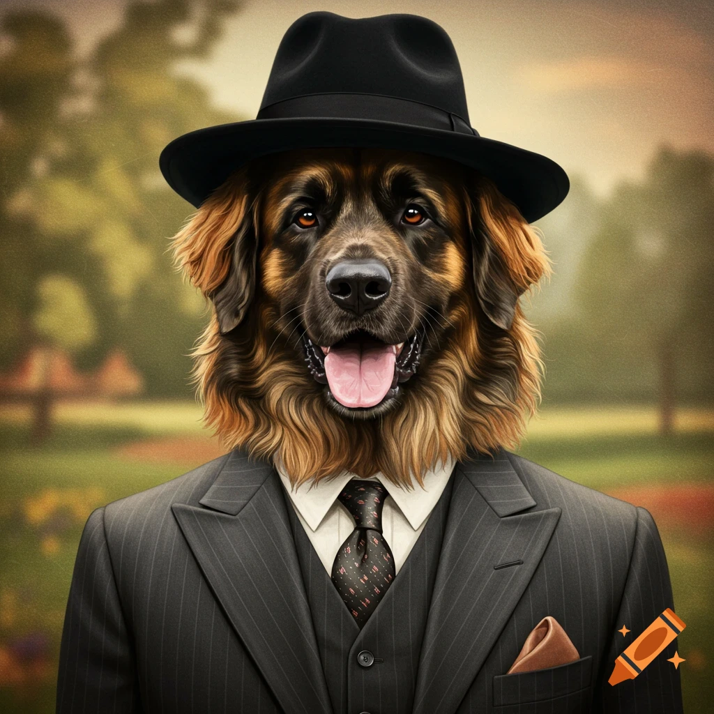 A photorealistic portrait of a Leonberger dog wearing a black fedora hat and a pinstripe suit in a park.