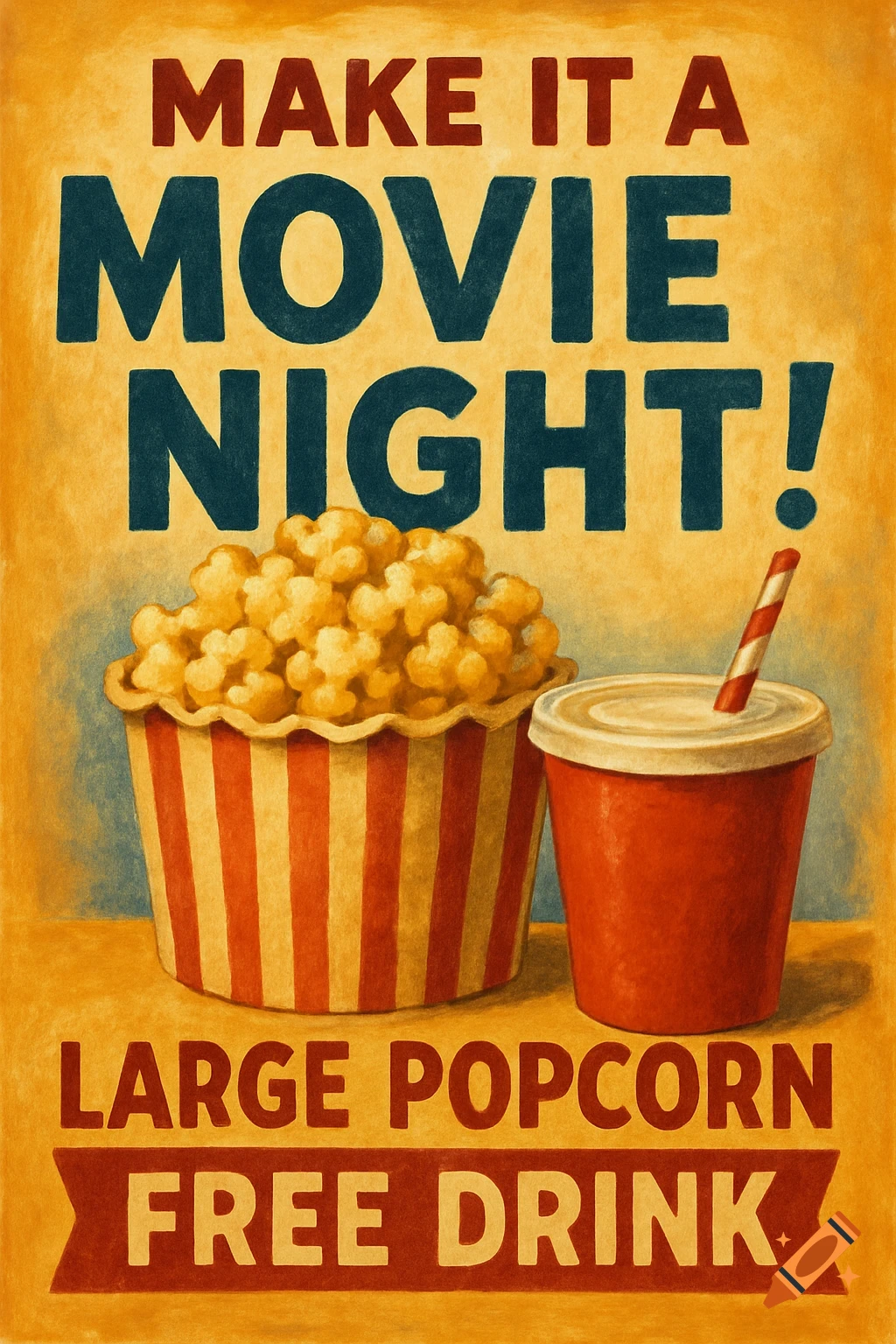 A retro-style poster advertising a movie night, featuring a large bucket of popcorn and a red soda cup with a straw.