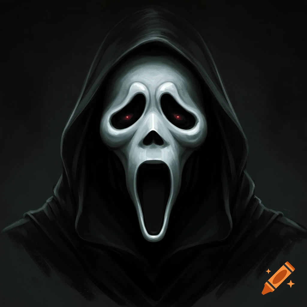 Close-up of a stylized Ghostface mask with red glowing eyes against a dark background.